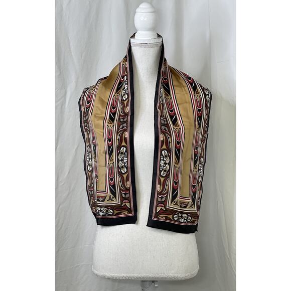 Elaine Paine Silk Scarf Skemo Canada Tan Red Totem Pole Native 8.5x48" Vintage - Picture 1 of 8